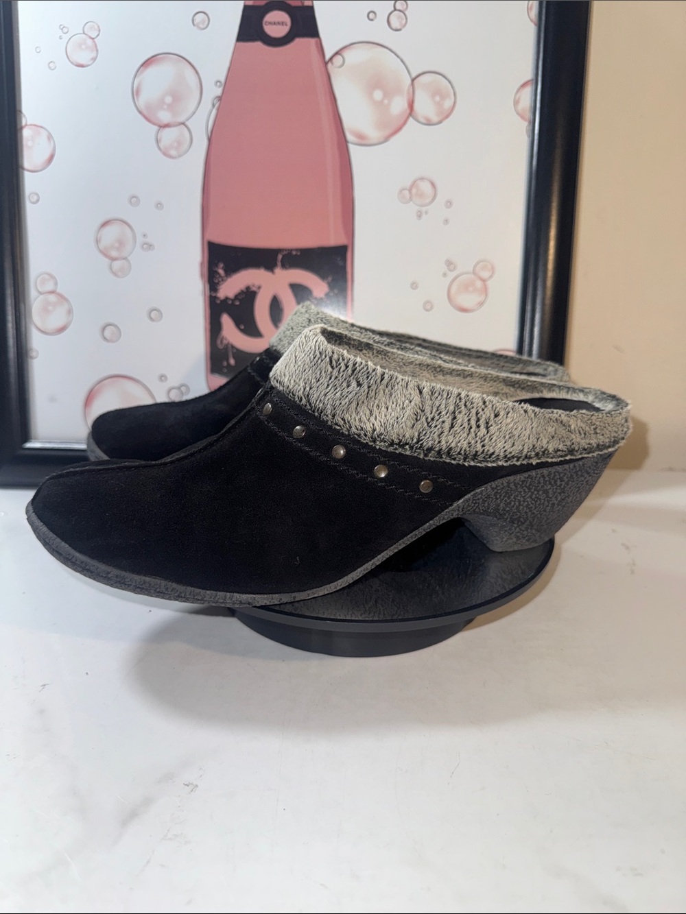 Eric Michael Julia Black Suede Fur Trim Wedge Clogs - EU Size 39 / US 8.5